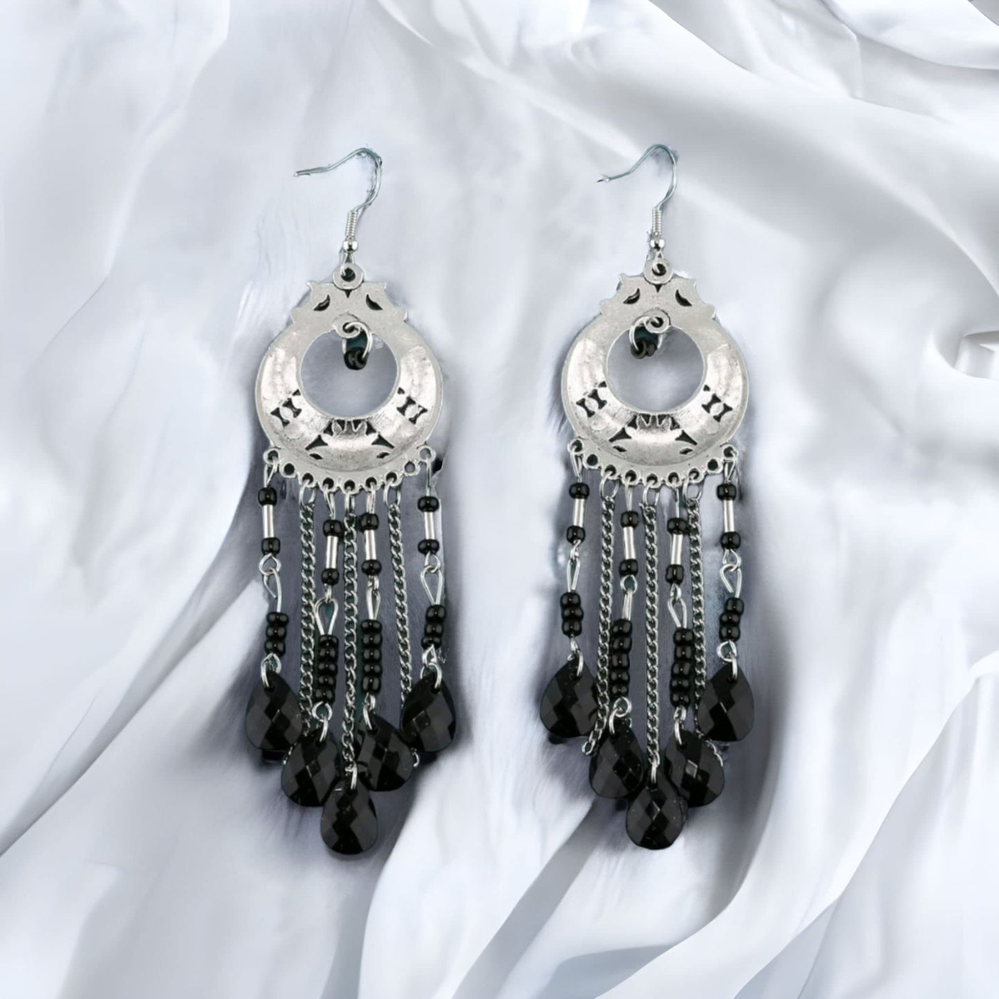 Silver black bead earrings dangle drop chandelier