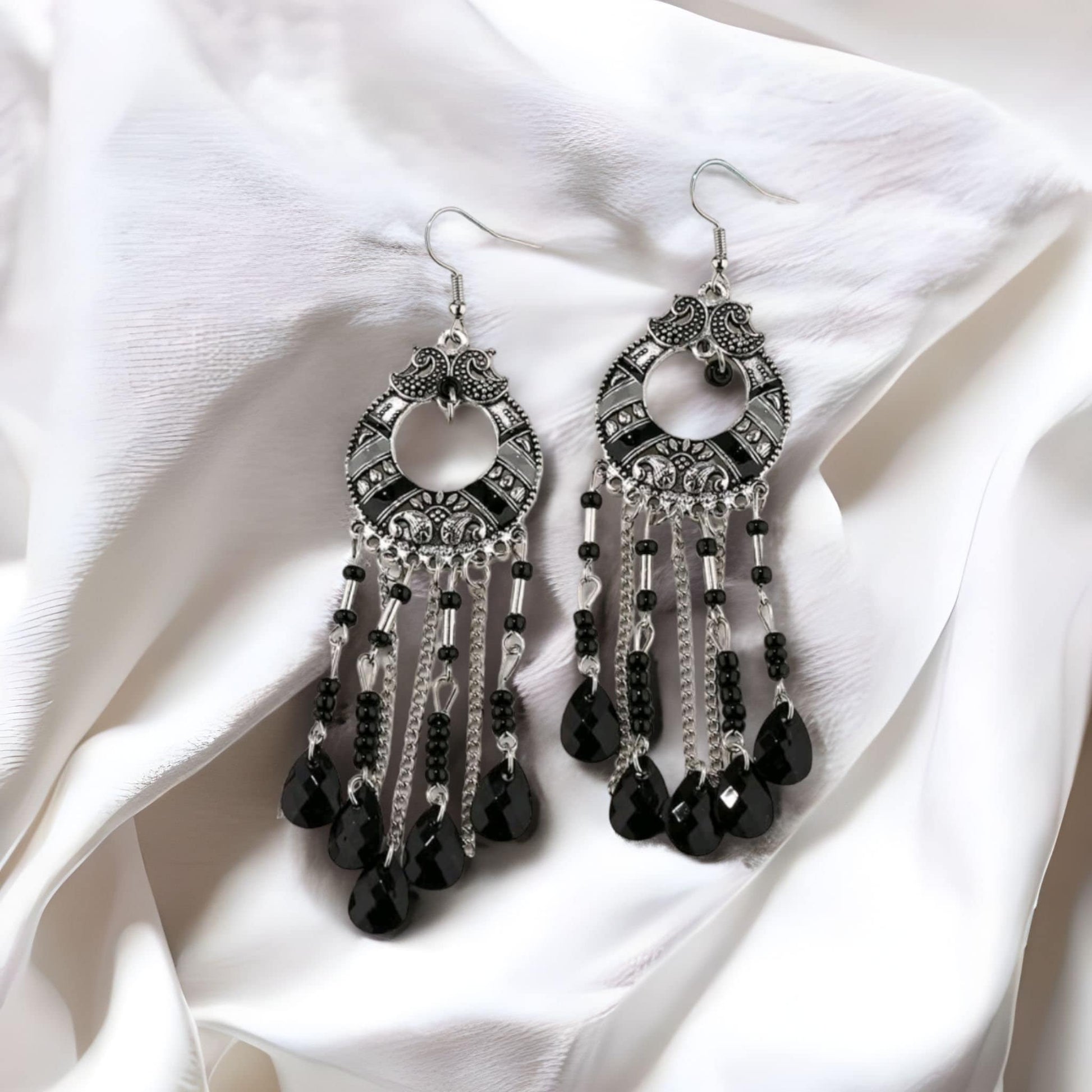 Silver black bead earrings dangle drop chandelier