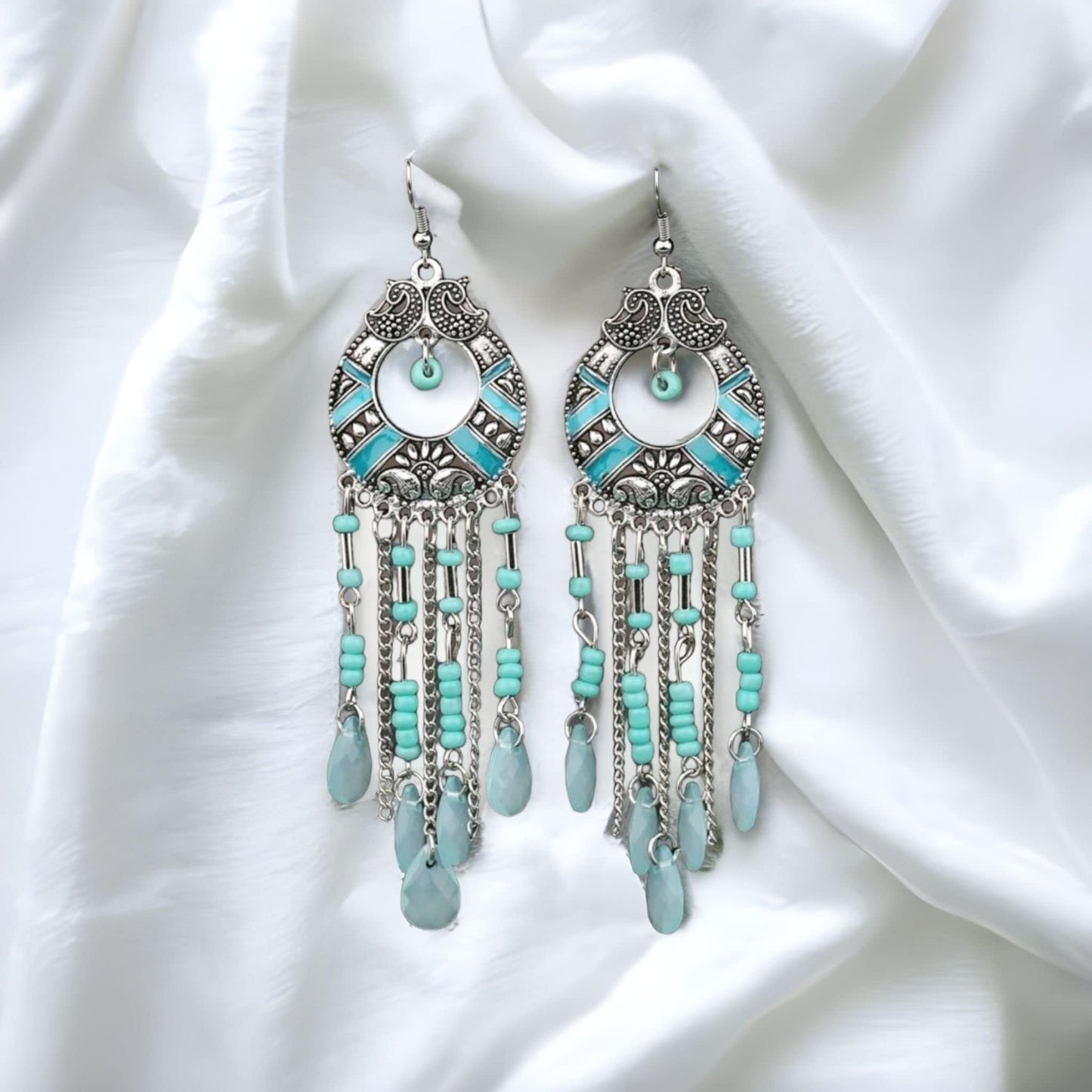 Silver bead earrings dangle drop chandelier