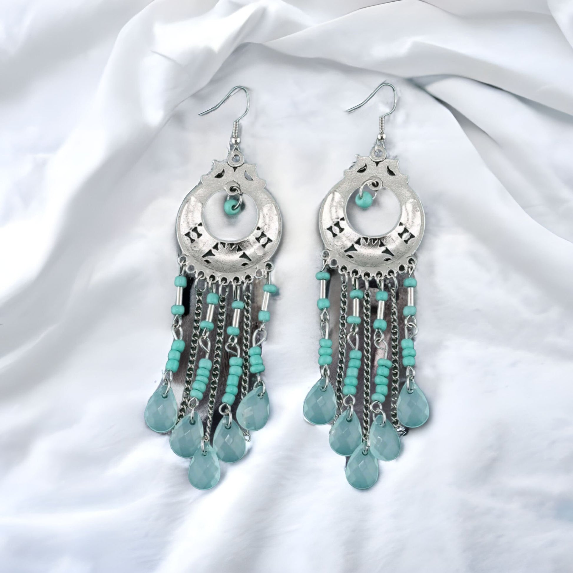Silver bead earrings dangle drop chandelier