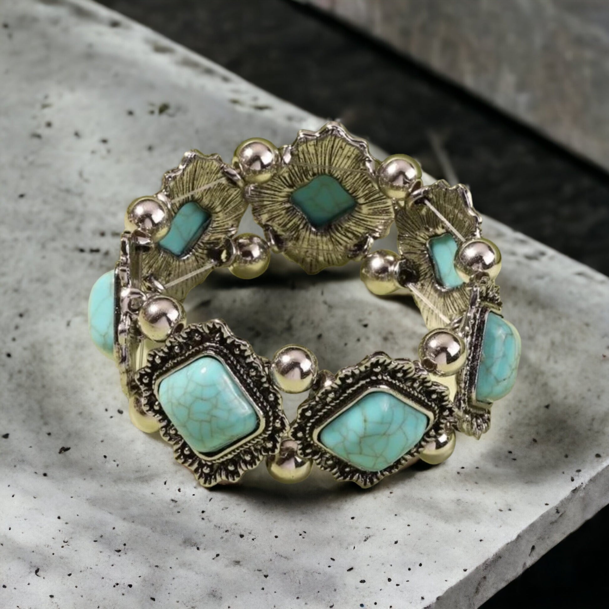 Turquoise stretch bracelet silver bead bracelet