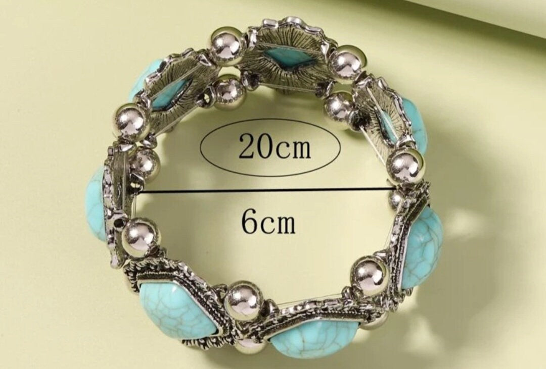 Turquoise stretch bracelet silver bead bracelet