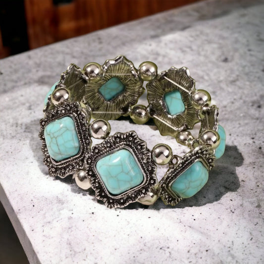 Turquoise stretch bracelet silver bead bracelet