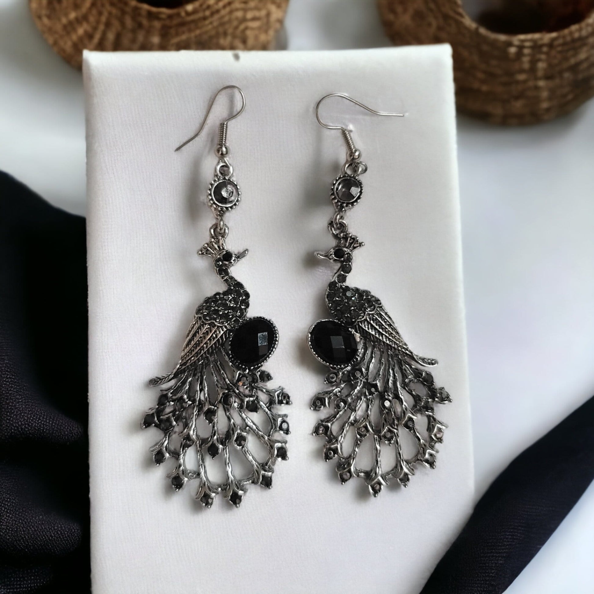 Black peacock rhinestone earrings silver dangle hook
