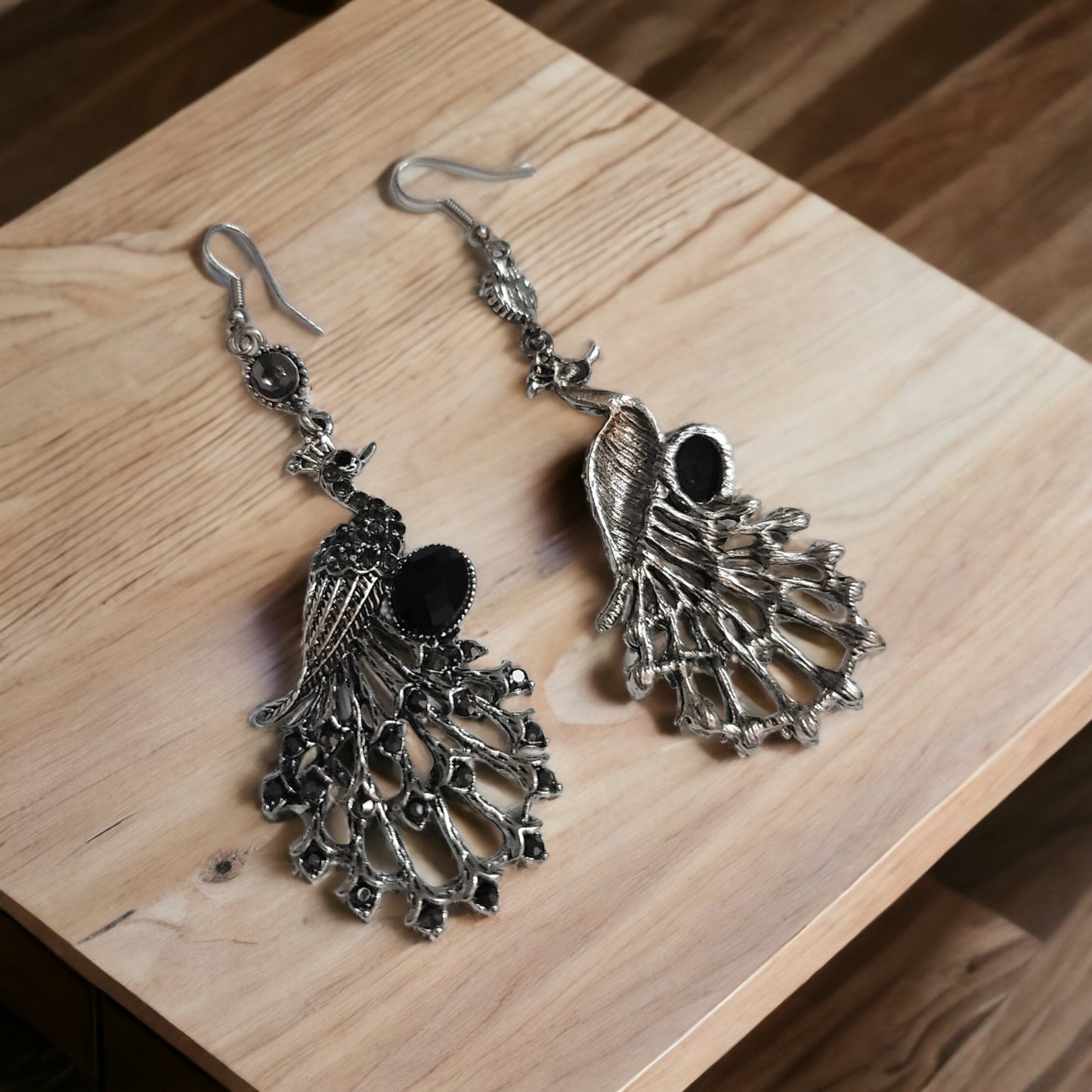 Black peacock rhinestone earrings silver dangle hook