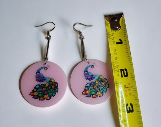 Pink peackcock round earrings dangle hook