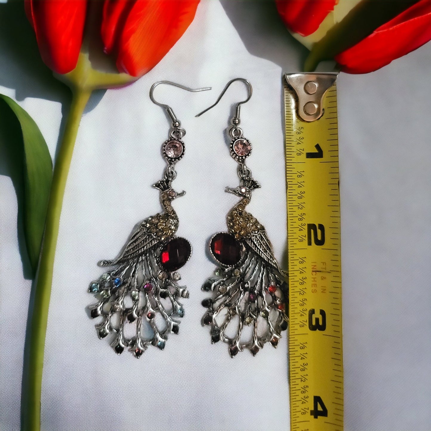 Multi color peacock rhinestone earrings silver dangle hook