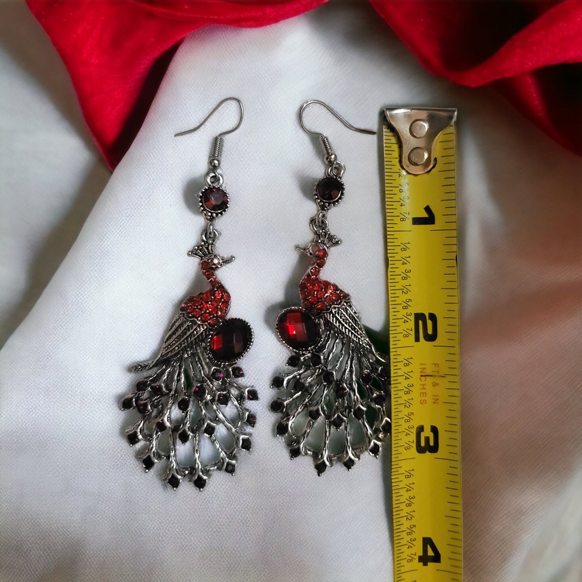 Red peacock rhinestone earrings silver dangle hook