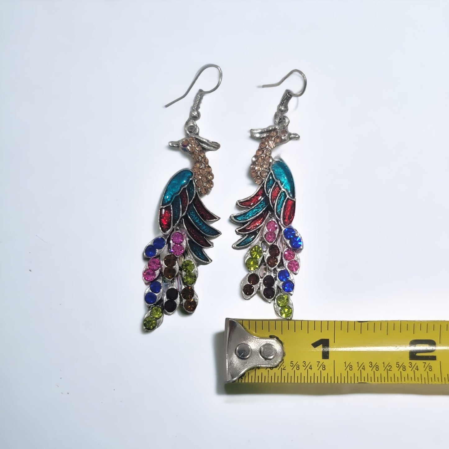 Multi color peacock rhinestone earrings silver dangle hook