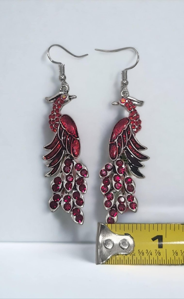 Red peacock rhinestone earrings silver dangle hook