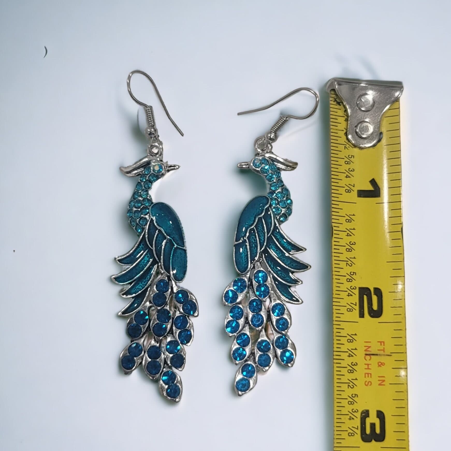Blue peacock rhinestone earrings silver dangle hook