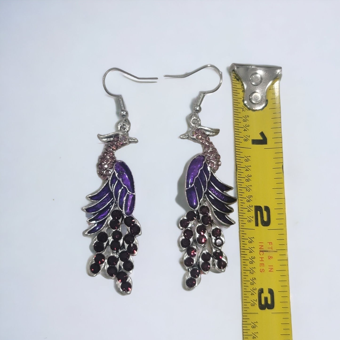 Purple peacock rhinestone earrings silver dangle hook