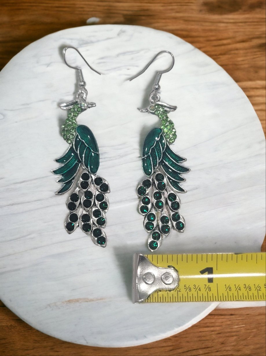Green peacock rhinestone earrings silver dangle hook