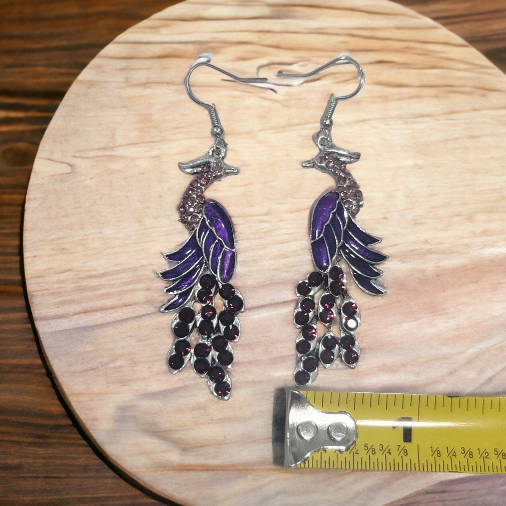 Purple peacock rhinestone earrings silver dangle hook
