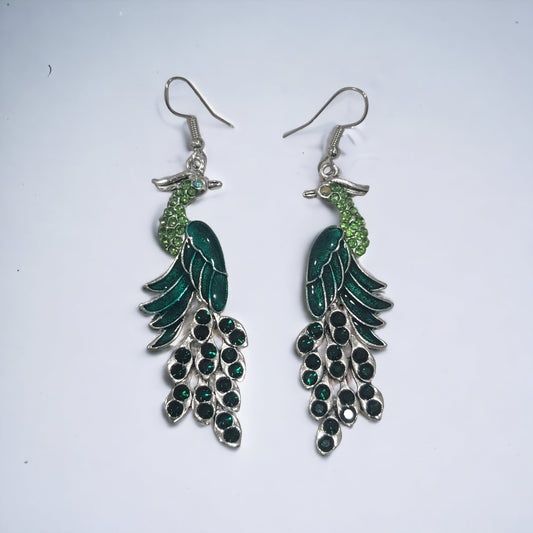 Green peacock rhinestone earrings silver dangle hook